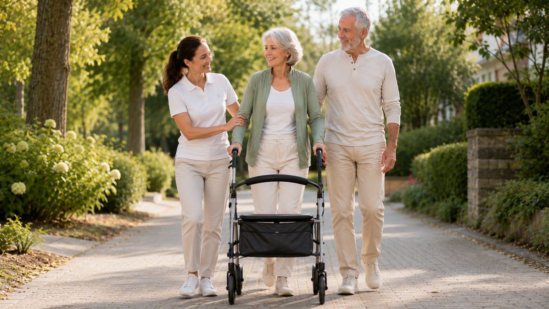 Couple senior marchant dehors, avec un déambulateur, accompagné