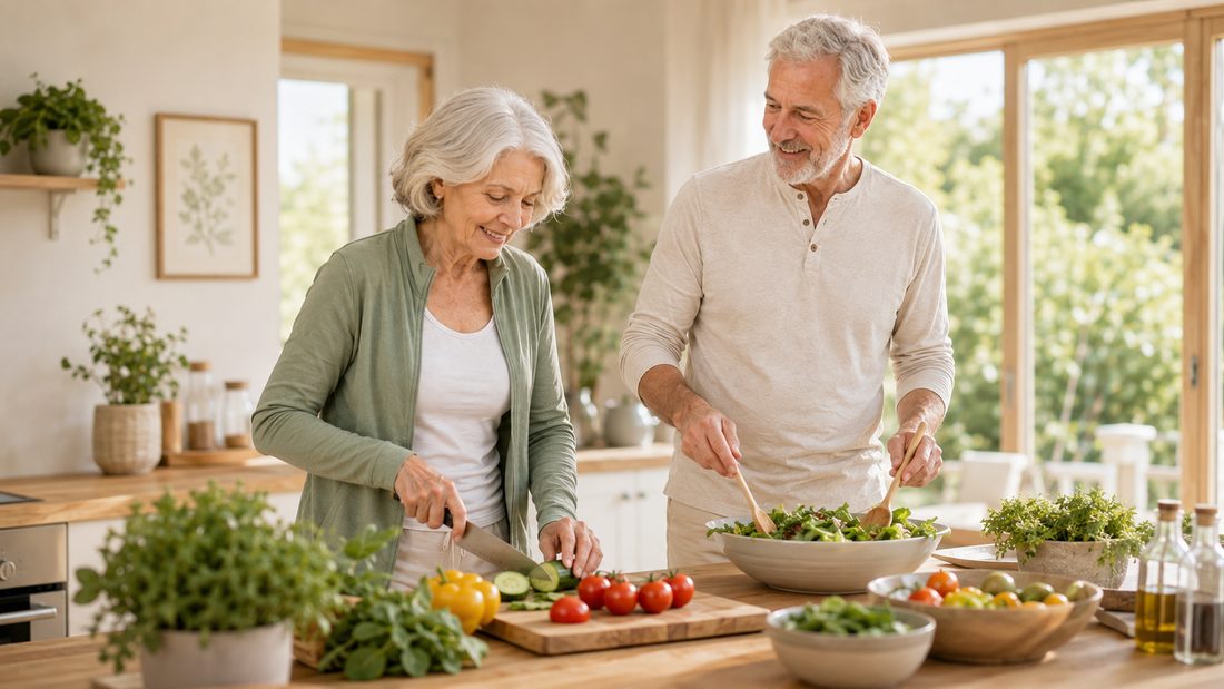 Couple senior préparant à manger dans la cuisine