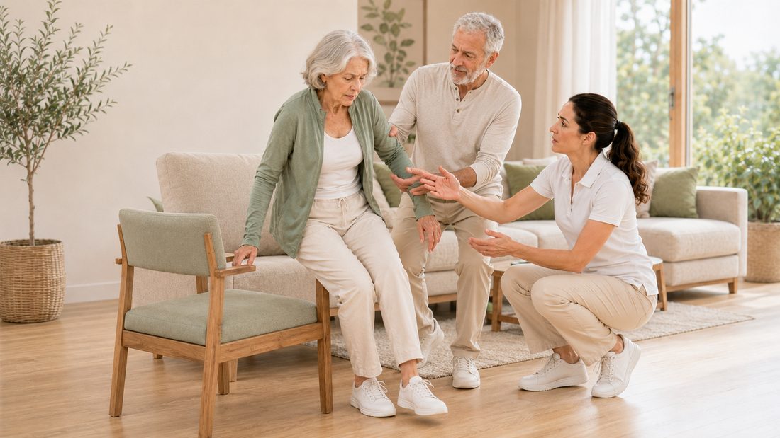 Femme senior se relevant d'un fauteuil, accompagnée