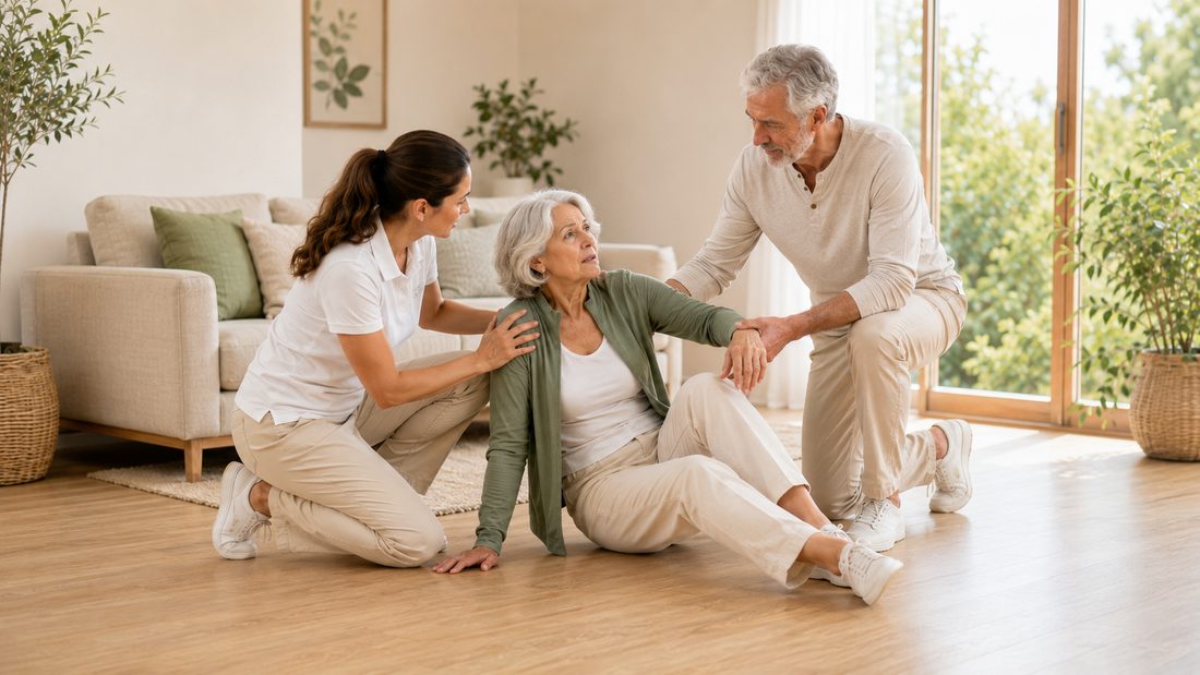 Personne senior aidée à se relever du sol par une kinésithérapeute