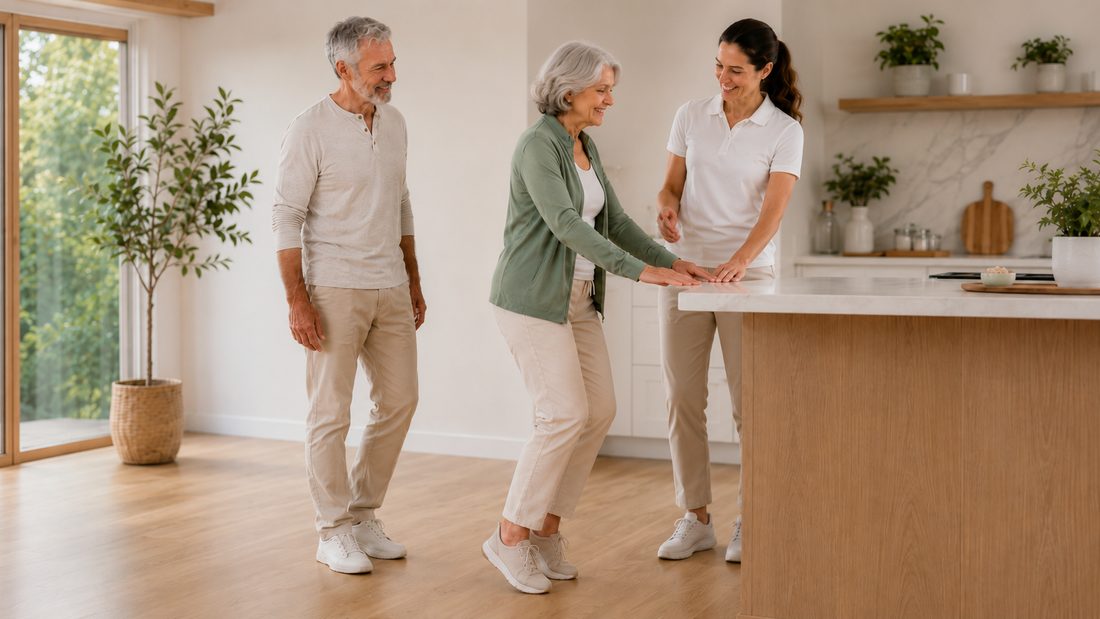 Femme senior faisant un exercice debout au plan de travail